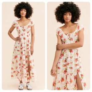 New! LoveShackFancy Magdalene Floral Ruffle Cotton Midi Dress in Pink Hibiscus